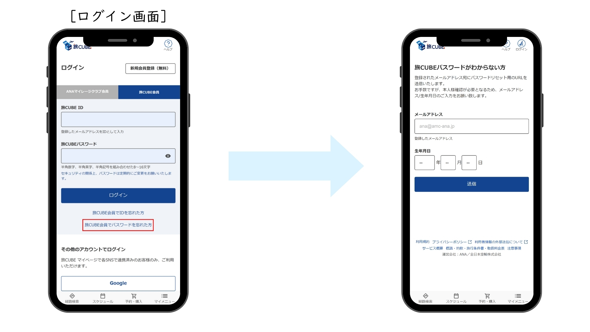 スマートフォンに表示された「旅CUBE」のログイン画面と、パスワードを忘れた場合の再設定画面。