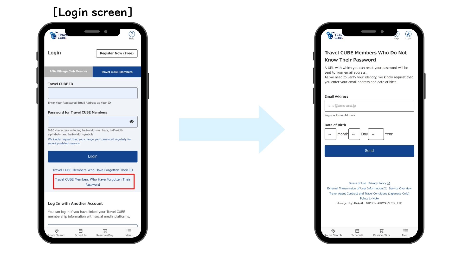 Two smartphone screens for the "Travel CUBE" showing the login and password reset flows.