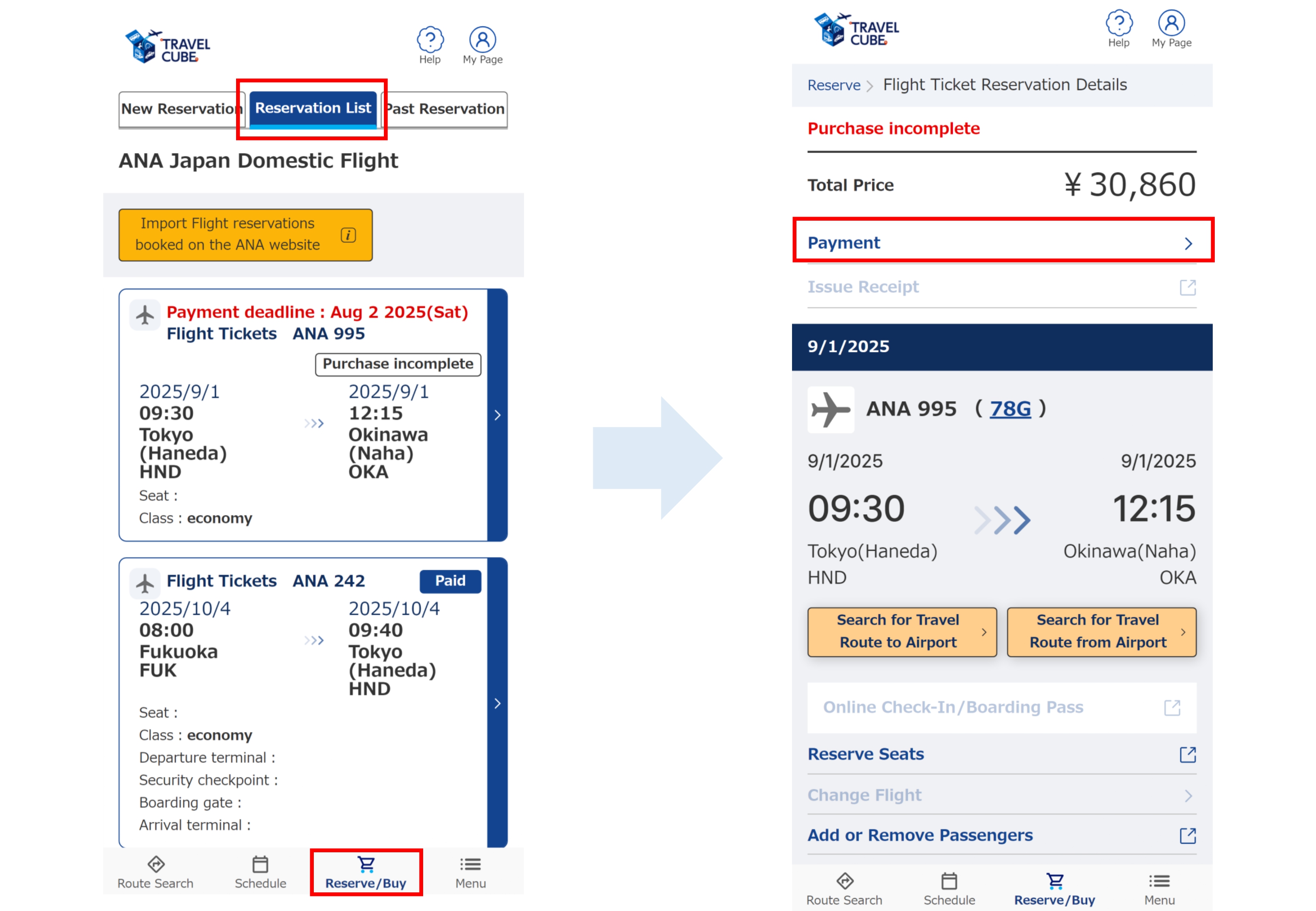 A flow diagram showing the transition from the "Reservation List" screen to the "Flight Ticket Reservation Details" screen in the Travel CUBE. An unpurchased booking is highlighted on the left, and the total amount with the Payment button is highlighted on the right.