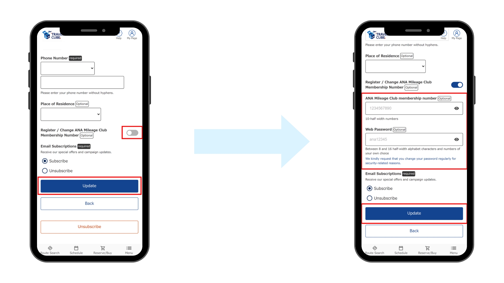 Smartphone screens showing step 3: Turn ON "Register/Change ANA Mileage Club Customer Number" at the bottom of the edit screen to display the input fields. Enter your 10-digit ANA Mileage Club Customer Number and Web Password, then click the "Update" button.