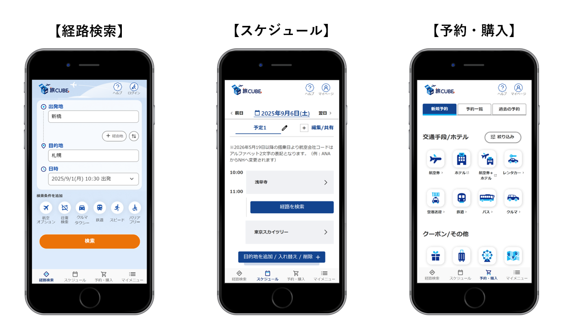 旅CUBEの画面イメージ。左から「経路検索」「スケジュール」「予約・購入」の機能を示す3台のスマートフォン画面。